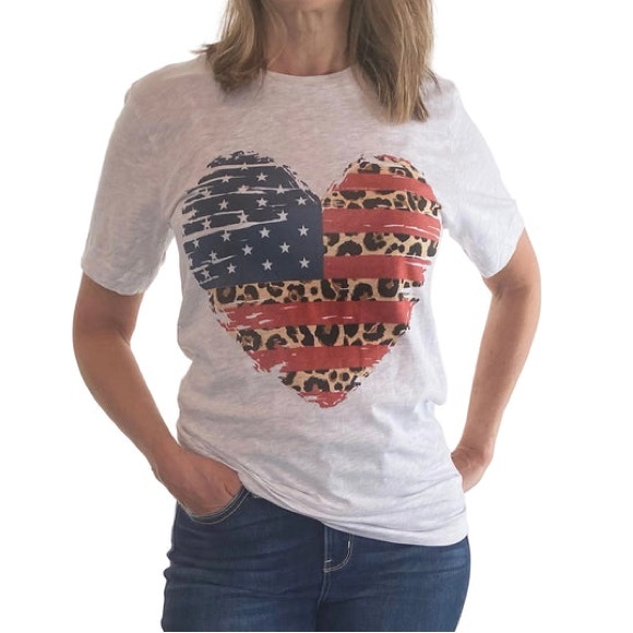 Tops - American Flag Leopard Heart Graphic T-Shirt